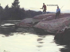 Ogden Minton Pleissner - Fishermen on a Rock Salmon - 13x19 Print Sporting Art