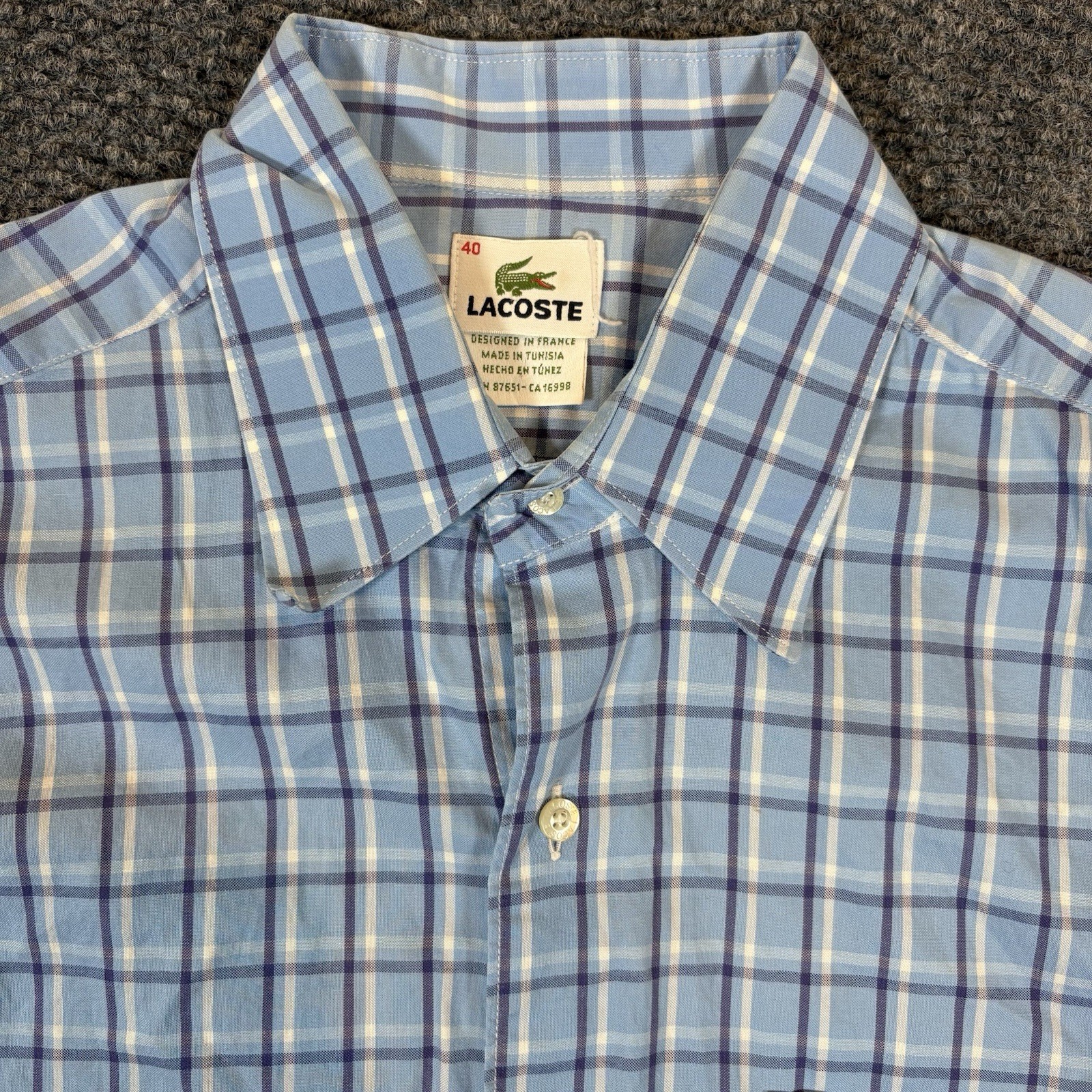 Lacoste Shirt Mens 40 Blue White Plaid Button Down Long Sleeve Regular Fit
