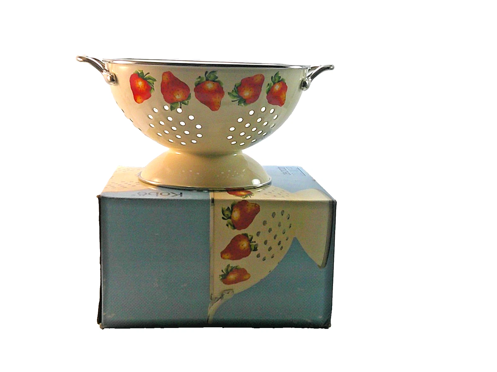 Vtg NOS Kobe JCPenney Pedestal Cream Enameled Colander Strainer 9" Strawberries