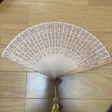 Pink Wooden Fan with Gold Tassels, Openwork Design, Case Included