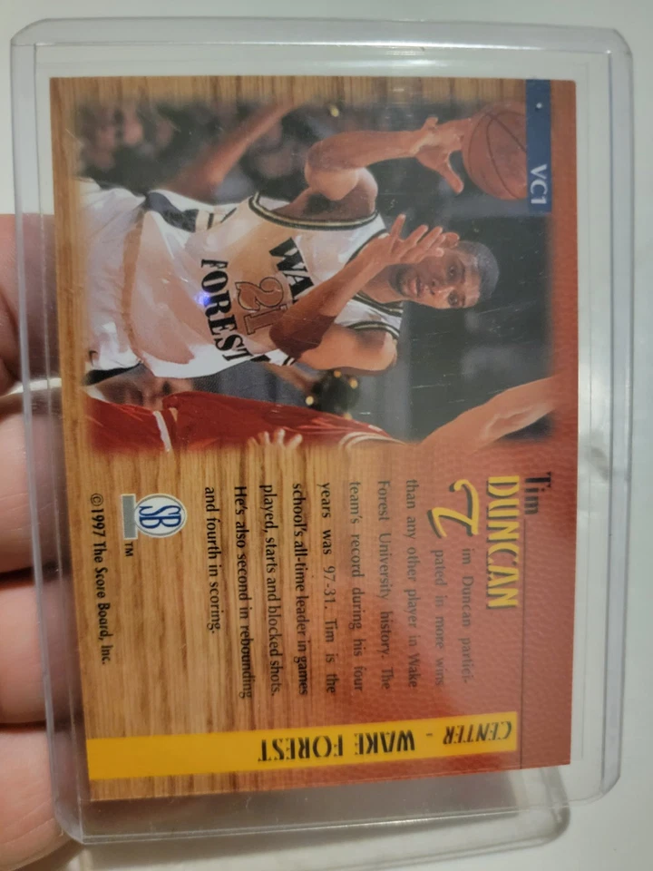 1997 Score Board Rookies Varsity Club #VC1 Tim Duncan Rookie HOF Wake Spurs - Image 2 of 2