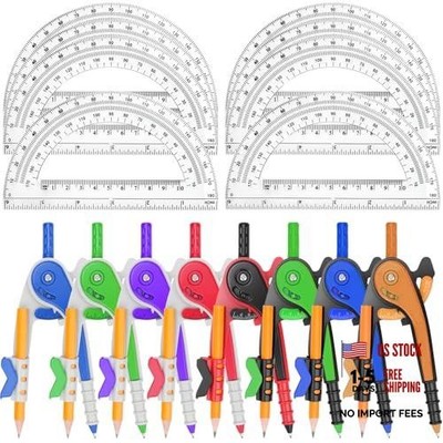 Geometry Math Compass & Protractor Set - 6'' Plastic Drawing - 16 Pack