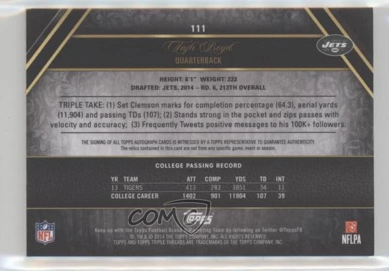 2014 Topps Triple Threads Rookie Ruby /15 Tajh Boyd #111 Rookie RC - Image 2 of 2