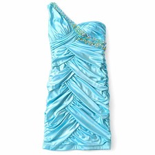Y2K Aqua Rhinestone One Shoulder Mini Dress Womens Ruched Bodycon Club Party