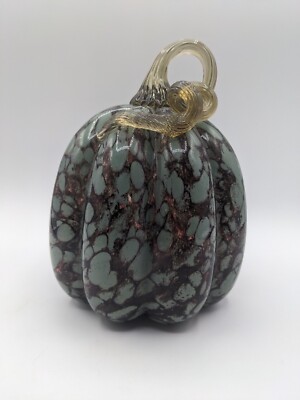 Turquoise Green  Swirl Art Glass Tall Pumpkin Curly Stem Fall Autumn Decor 