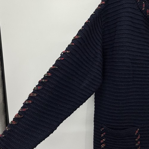 Northern Isles Cardigan Sweater Wool Knit Navy Blue Button Up Plaid Accent Sz S - Picture 4 of 8