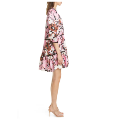 veronica beard pink floral dress VERONICA BEARD Pink Floral Print 70's Mod Tiered Silk Satin Cocktail Dress  14 L