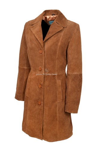 Ladies Leather Coat Tan Classic Knee-Length Designer Suede Leather Coat 3457 - Picture 6 of 9