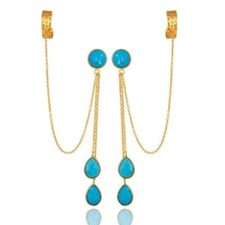 Turquoise Gemstone Jewelry 14K Gold Plated 925 Sterling Silver Ear Cuff Earrings