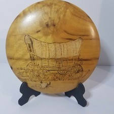 Vintage, Oregon Myrtlewood, Round Plaque, Covered Wagon, Hand Crafted, Wood Art