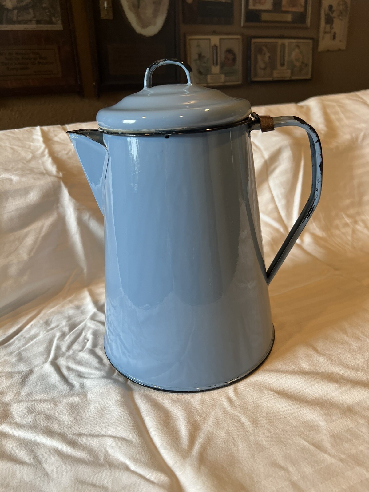 Vintage Turquoise Blue Enamelware Coffee Pot Cowboy Farmhouse Decor Rustic