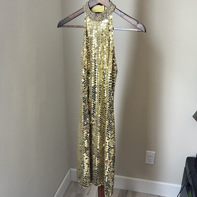 Cache Gold Sequin Dress Beaded High Neck Halter Embellished Open Back Size  4 | eBay