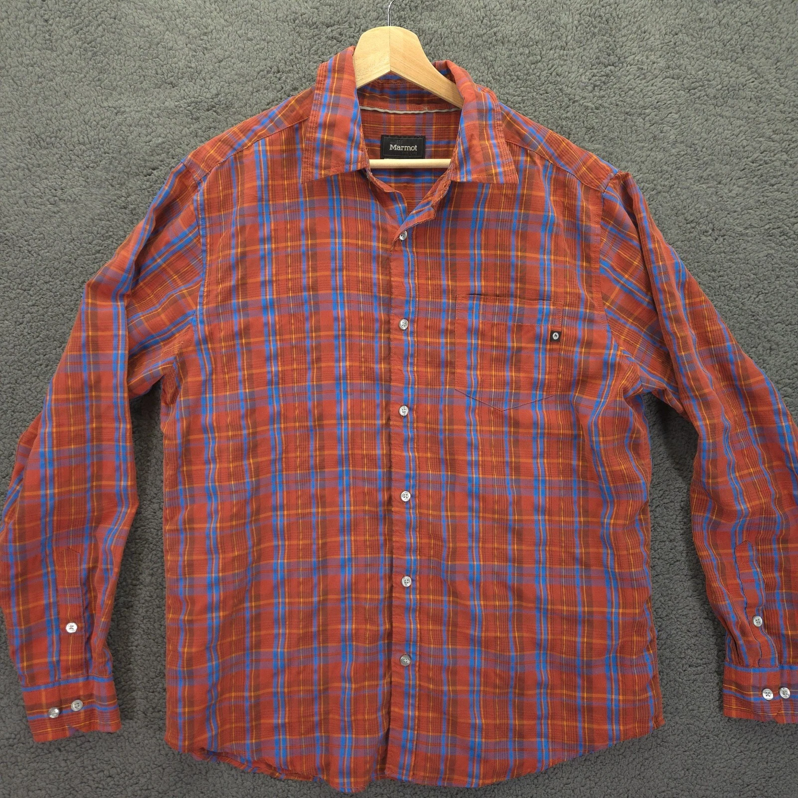 Marmot Hiking Shirt Mens Large Red Blue Plaid Soft Lightweight Outdoor EUC