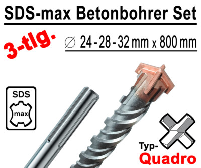 SDS-max Betonbohrer Set 3-tlg Quadro Bohrer Hammerbohrer 24mm 28mm 32mm x 800mm