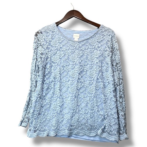 Chico's Lace Top Lined Blouse Blue Size L Coastal Cottagecore Springcore Elegant