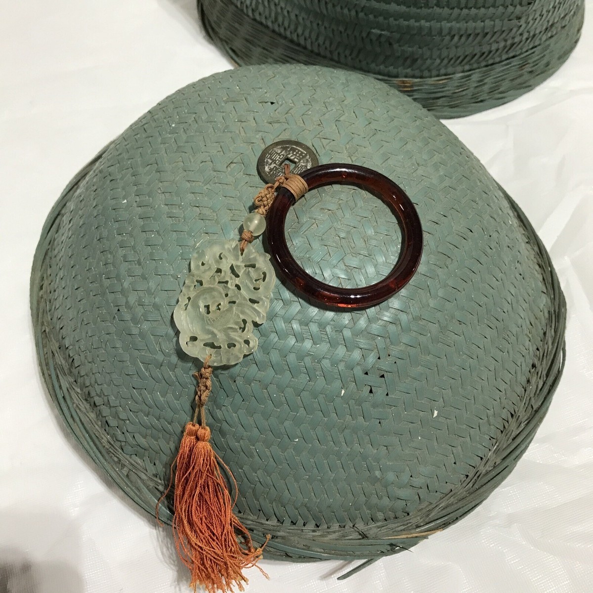 Vintage Asian Chinese Woven Wedding Basket With jade Pendant