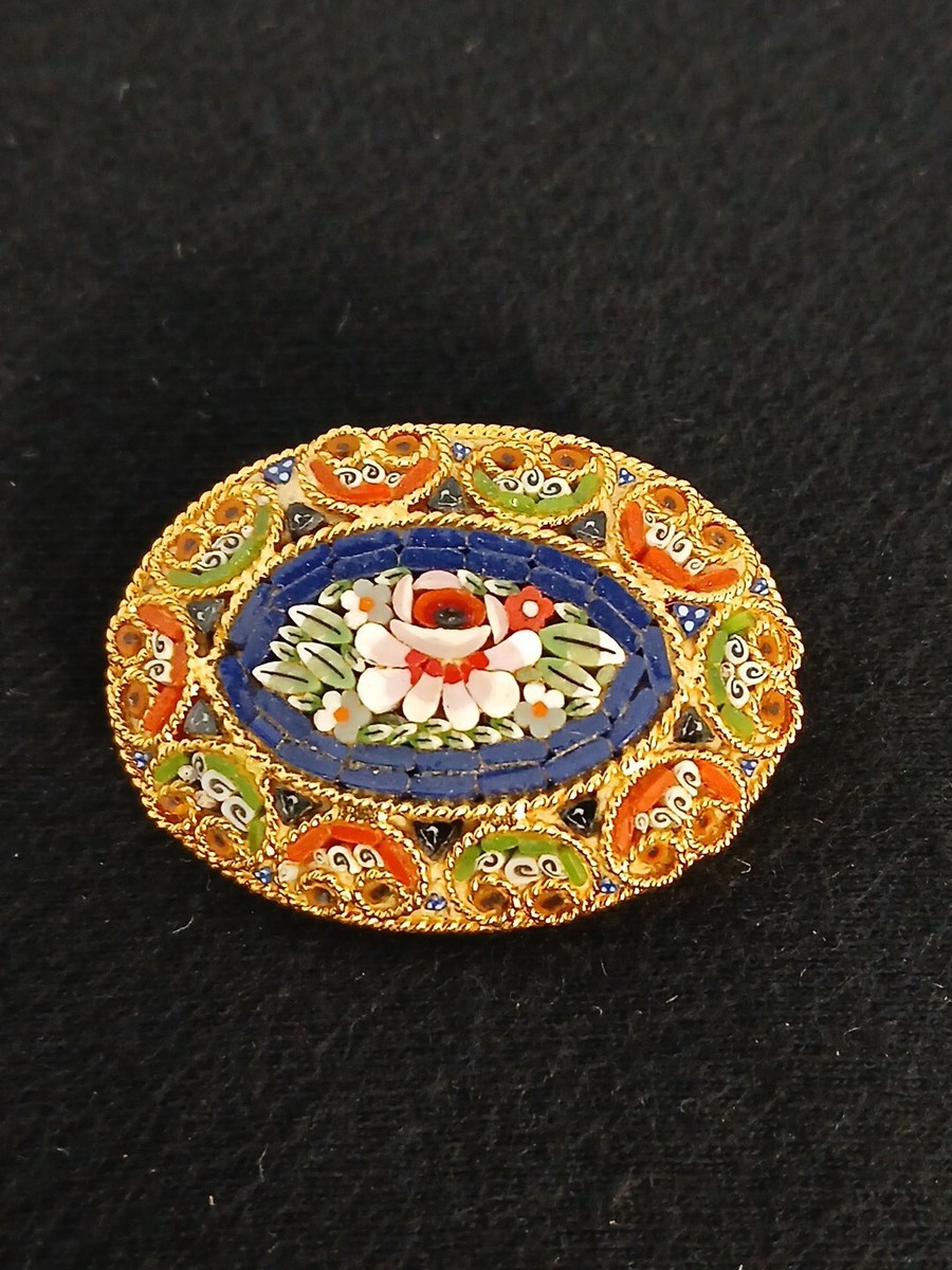 MICRO Mosaic gold tone filigree multicolor Floral Design Italian Brooch