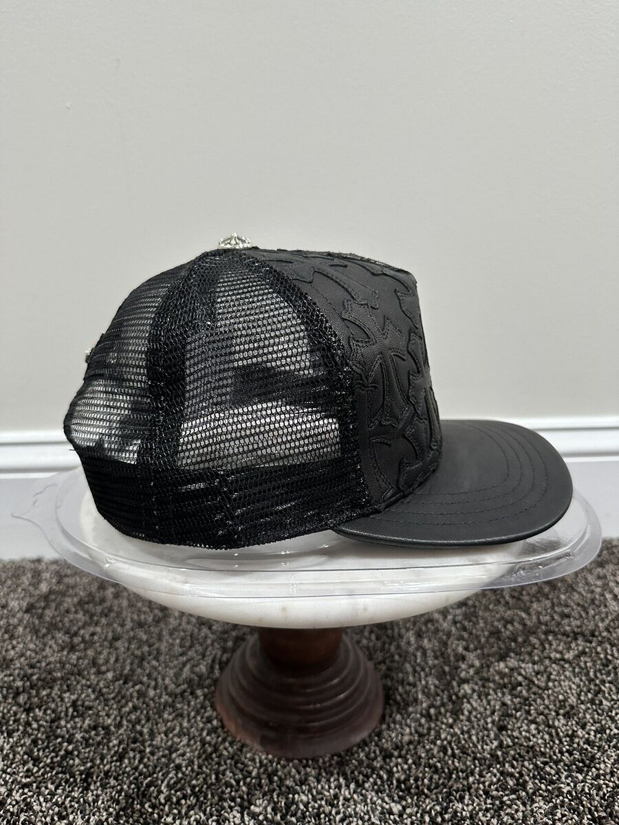 Chrome Hearts Leather Cemetery Cross Patch Black Trucker Hat Chrome Hearts Leather Cemetery Cross Patch Black Trucker Hat