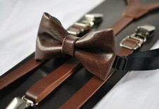 Dark Brown Coffee Faux Leather Bow tie  Brown Suspenders Braces for all ages