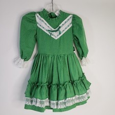 Vintage Sears Winnie the Pooh Green Swiss Dot Prairie Dress Size 5 Long Sleeve