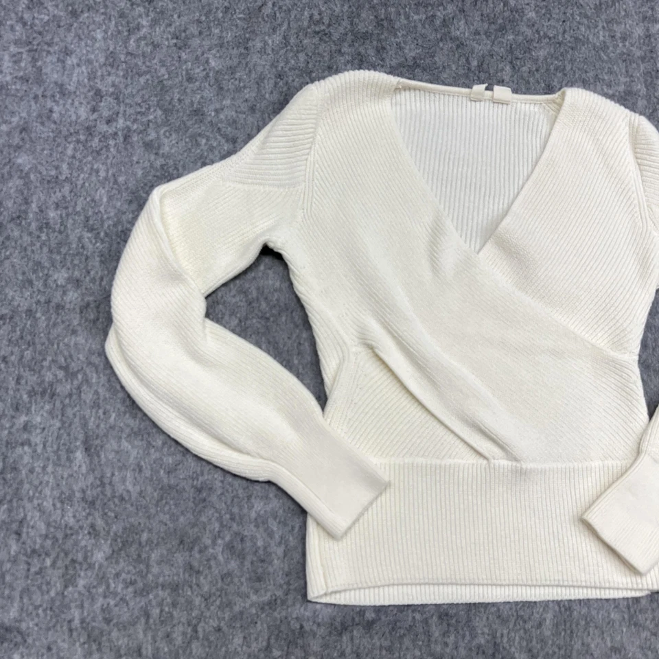 Suéter Moth Mujer Pequeño Crema Acanalado Envolvente Pullover Manga Larga Balletcore Foto 3 de 4