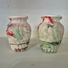 2 Matching Pieces Roadside Tourist/Souvenir Pottery- Red/Green Swirl-Niloak?