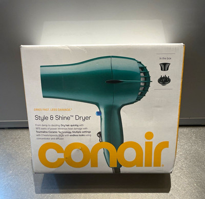 Conair 1875W Style & Shine Hair Dryer Cool Shot Diffuser Concentrator Green