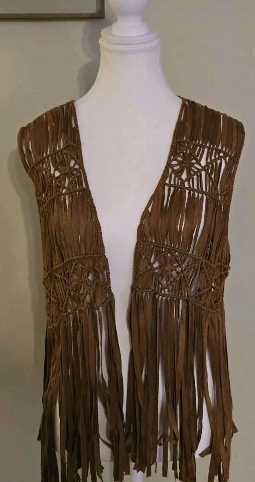 Chaleco Chico's Cascada Flecos Marrón Imitación Gamuza Mujeres Talla 2 Mediano Boho Hippie