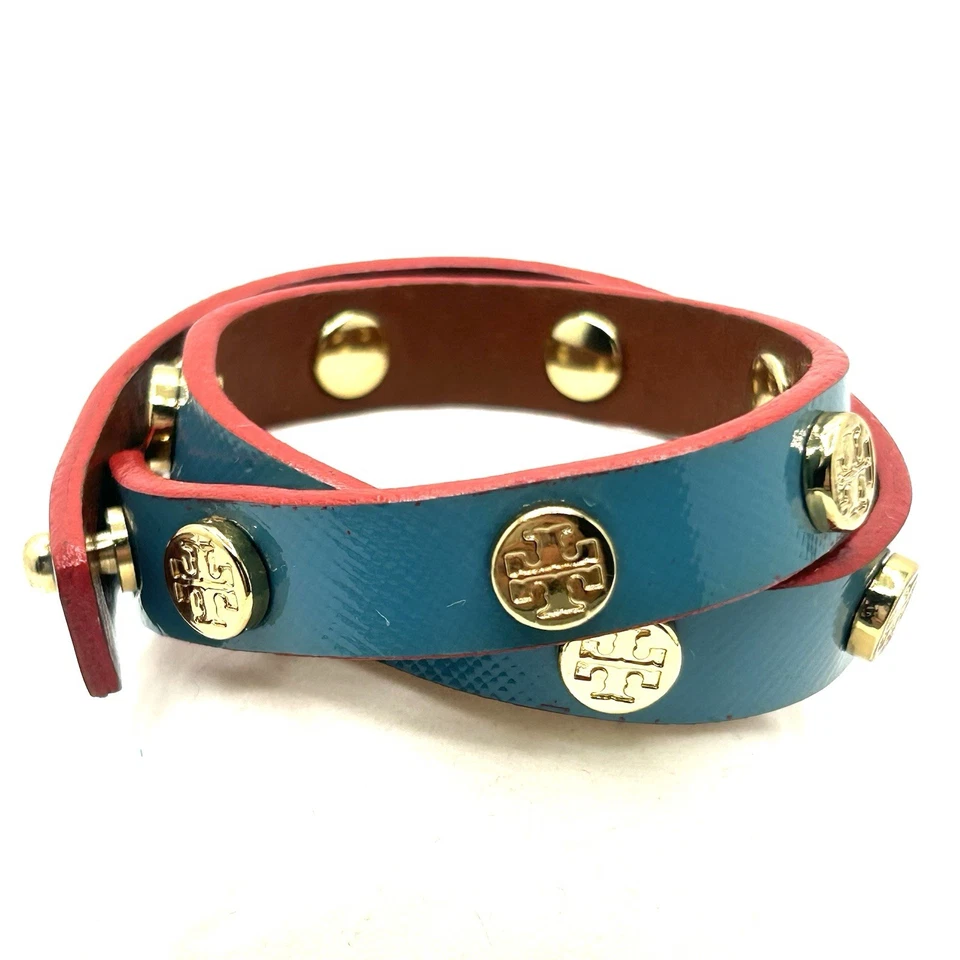 Brazalete TORY BURCH Azul Teal Doble Envoltura Cuero Tono Dorado Latón TT Logo Foto 2 de 4
