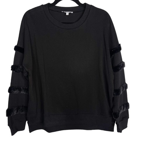 New See and Be Seen Large L Black Faux Fur Striped Detail Crew Neck Sweatshirt - Picture 1 of 11