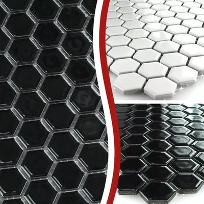 Keramik Mosaikfliesen Hexagon Salamanca Schwarz Weiß Glänzend H23