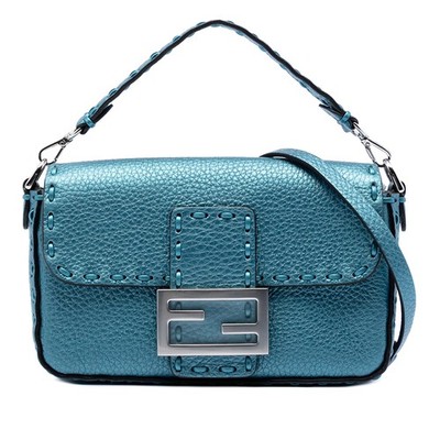 Fendi Mini Metallic Leather Selleria Baguette Satchel Pre-Loved Light Blue