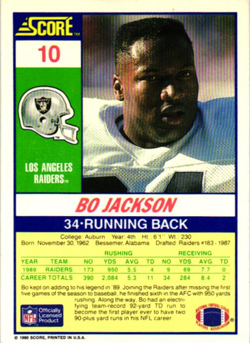 1990 Score - Bo Jackson #10 - Picture 2 of 2