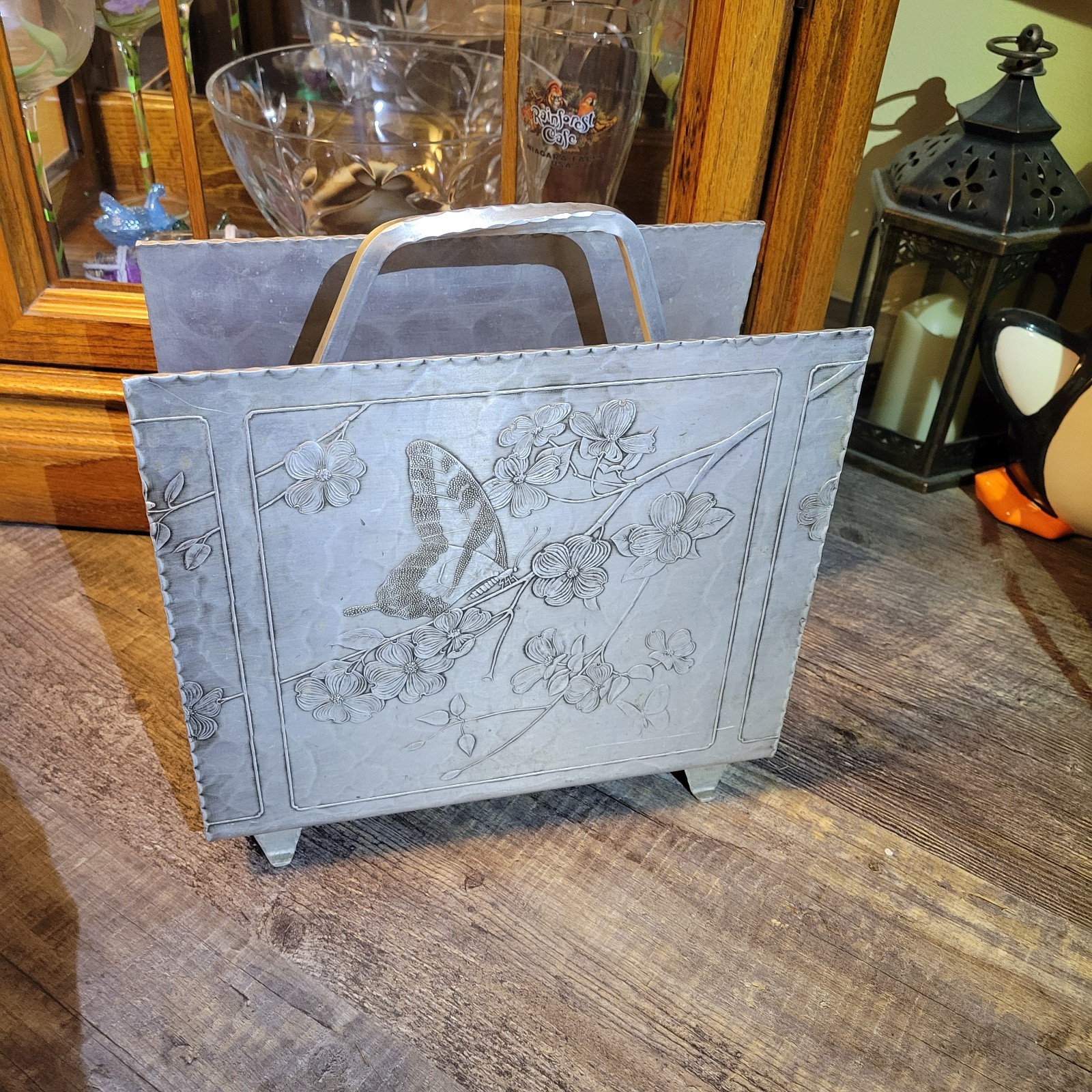 Vtg RARE Arthur Armour Butterfly Dogwood Magazine Rack Stand Holder Aluminum