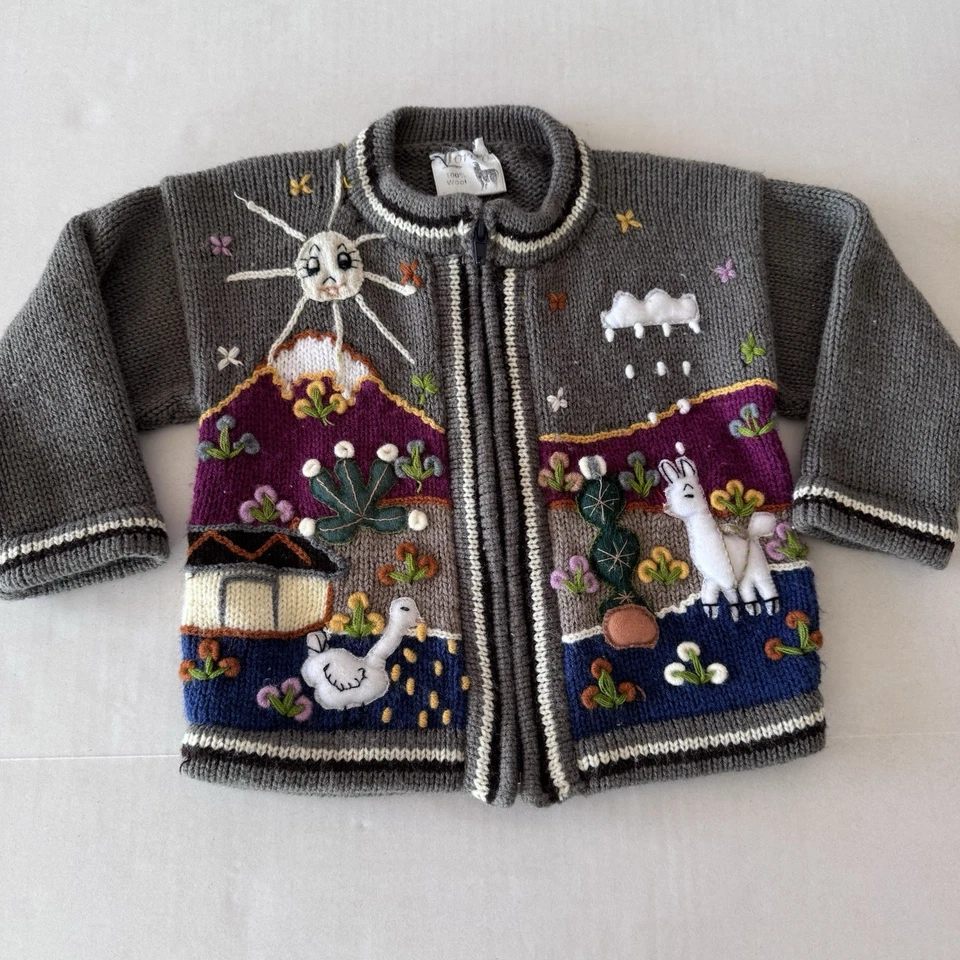 Handarbeit Wolle Strickjacke Pullover Alpaka Reißverschluss Stickerei Kinder 2T grau