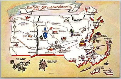 Greetings From Massachusetts Birthplace Of The Nation Map Mass Postcard I630