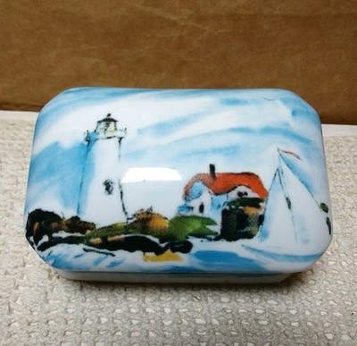 Vintage Lighthouse Trinket Hinged Box Keepsake Seaside Landscape Sailboat Signed
