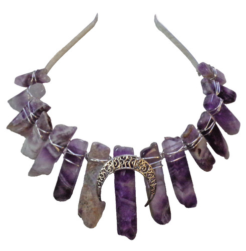 AMETHYST CRYSTAL PURPLE STONE HEADBAND SILVER TONE METAL TIARA WITH WIRE C-MOON