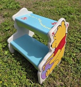 Vintage Disney WINNIE THE POOH Two Step Stool Heavy Duty Wood  RARE