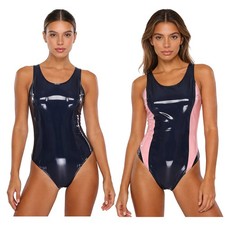 DE Damen Badeanzug Glänzend Einteiler Body Swimsuit Ärmellos Bodycon Overall