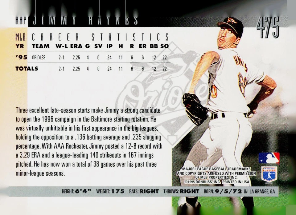 1996 Donruss #475 Jimmy Haynes Baltimore Orioles - Image 2 of 2