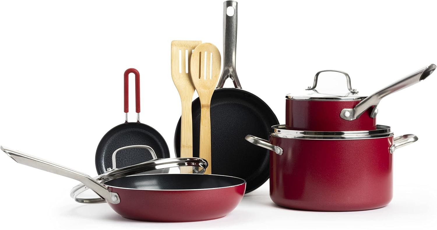 Red 10-piece textured ceramic nonstick cookware pots set