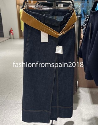 ZARA NEW WOMAN CROSSOVER Z1975 BELTED DENIM MIDI SKIRT BLUE XS-XL