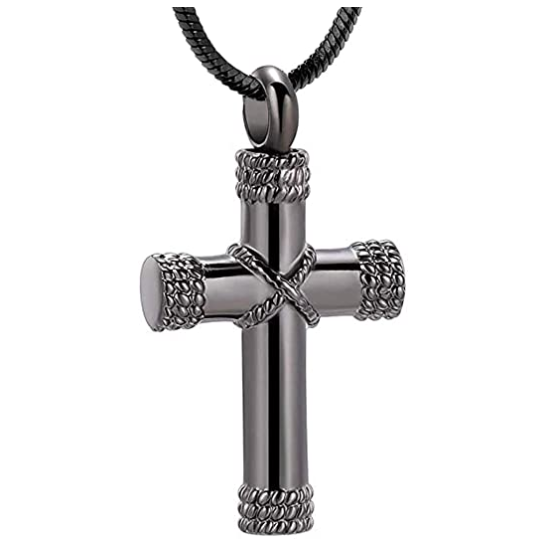 Rope Winding Cross Cremation Ashes Urn Pendant Necklace Black Cross