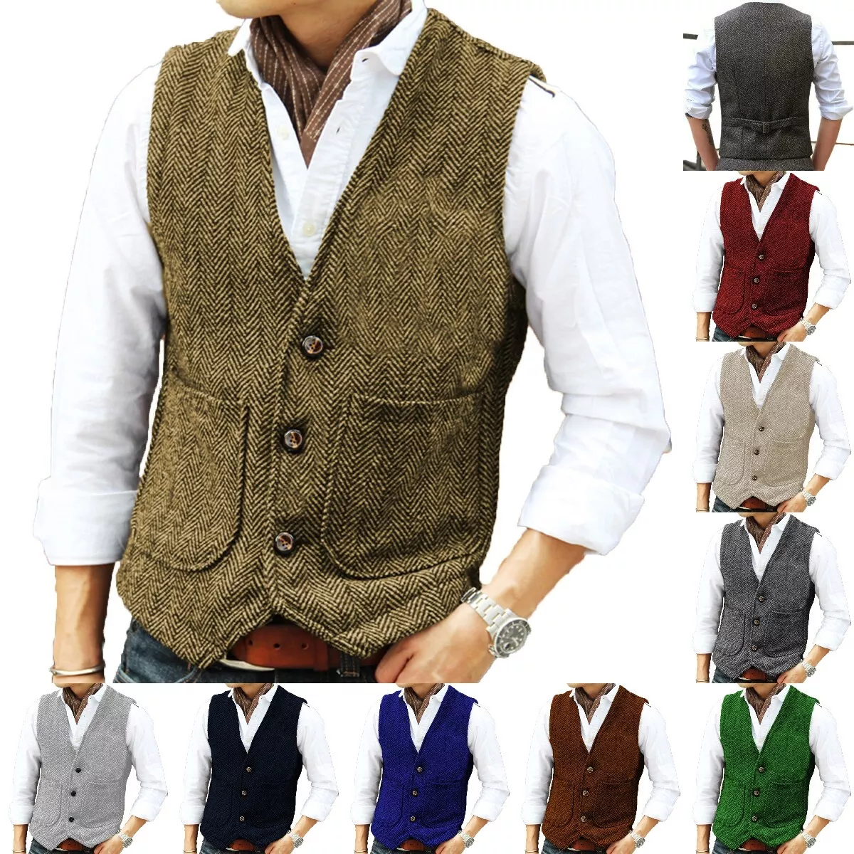 Hunting Classic Men Vintage Tweed Vest Herringbone Waistcoats Wedding Retro Wool