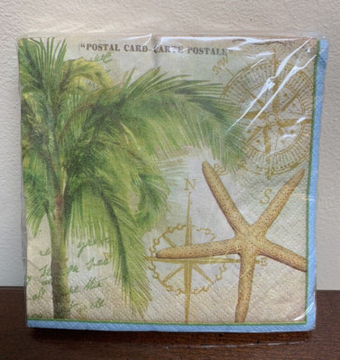 New - Palm Tree Starfish Compass Map Ocean Shore Paper Napkins - 20 Count