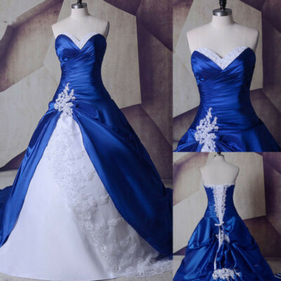 white and blue wedding gown