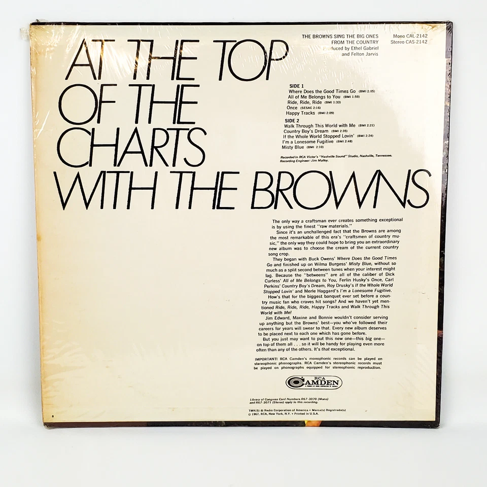 The Browns Sing The Big Ones From Country Record 33 RPM LP CAS-2142 RCA 1967 Y - Image 2 of 4