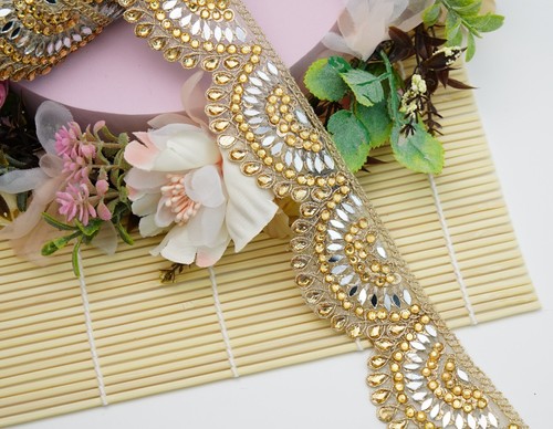 1 YARD MIRROR CUT WORK EDGING METALLIC COLOUR INDIAN TRIM WEDDING DRESS EMBELLIS - Picture 6 of 11