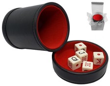 Spanish Poker Dice Black PU Leather Red Felt Lined Cup w/Lid Tray Sealed Box